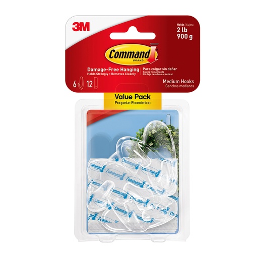 [17091CLR6ES MMM] 6ct Medium Clear Command Adhesives Mounting Hooks Pack