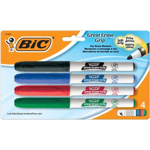 [GDEP41AST BIC] 4 Color Fine Intensity Grip Dry Erase Markers