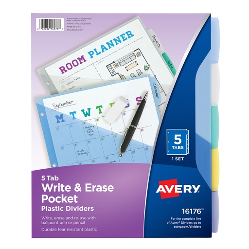 [16176 AVE] 5 Tab Translucent Write On Dividers with Pockets