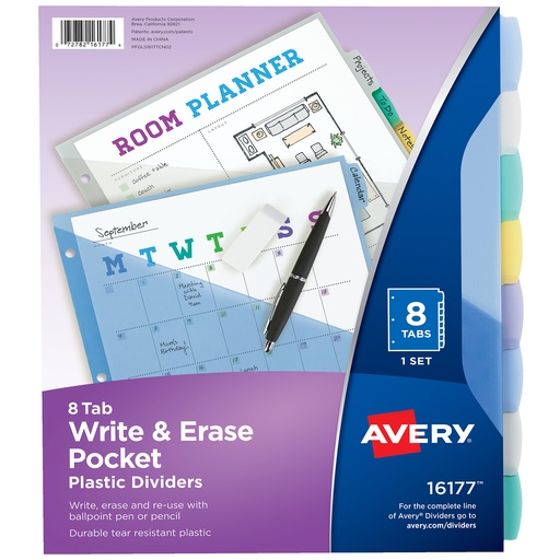 [16177 AVE] 8 Tab Translucent Write On Dividers with Pockets