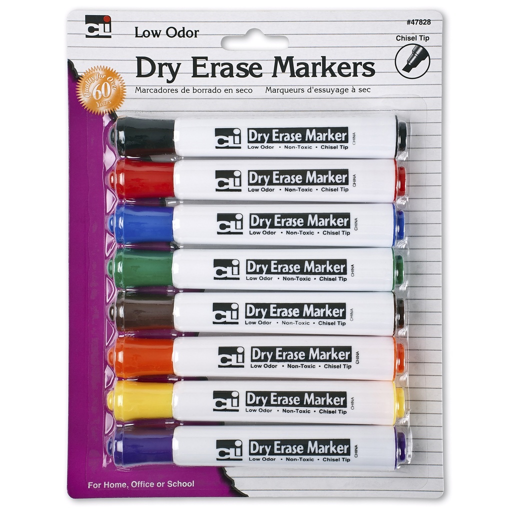 Dry Erase Markers, Barrel Style, Low Odor, Chisel Tip, Assorted Colors, 8 Per Pack, 3 Packs