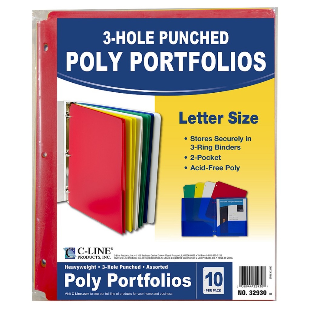 Two-Pocket Heavyweight Poly Portfolio Folder with Three-Hole Punch, Assorted Primary Colors, 10 Per Pack, 2 Packs