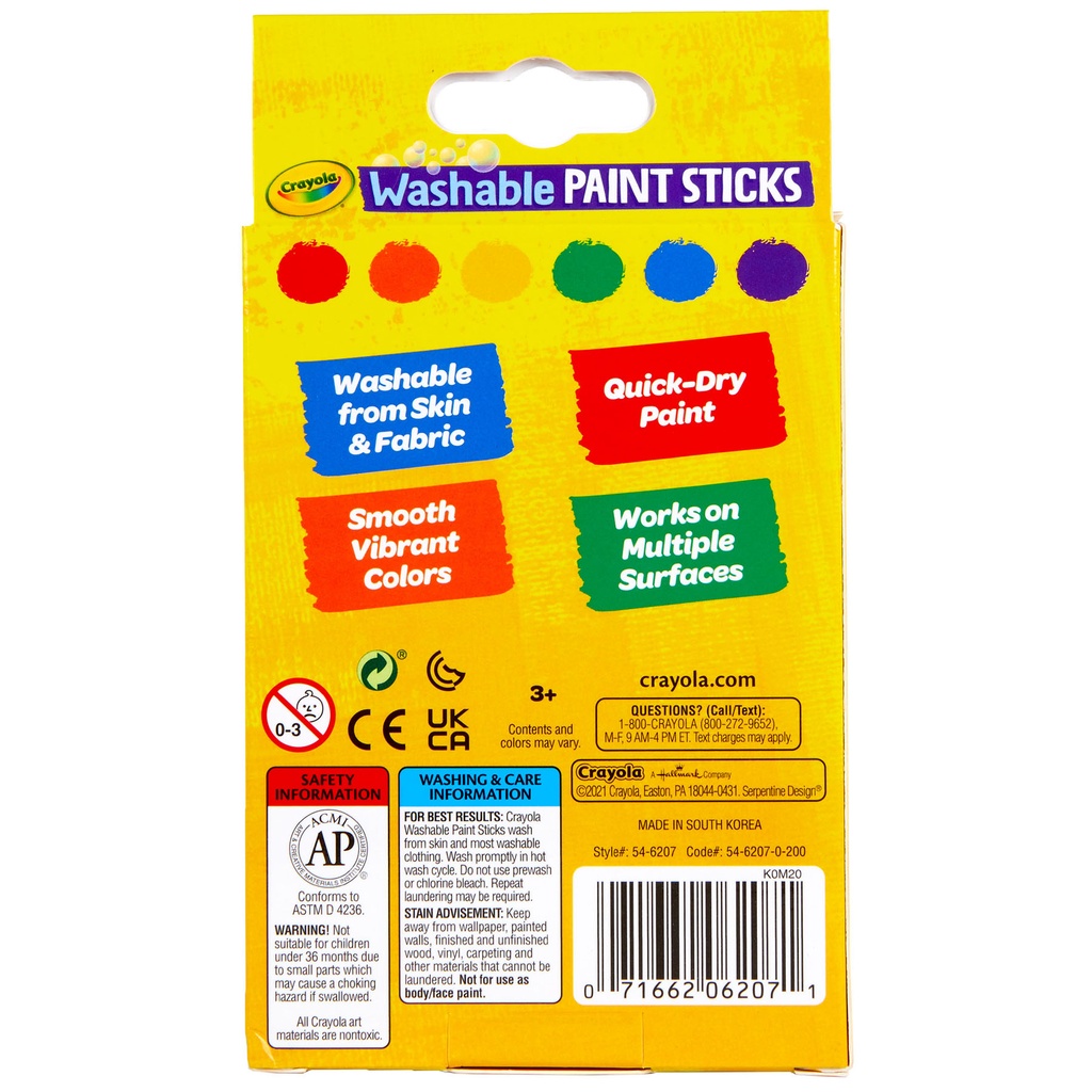 6 Color Washable Paint Sticks 3ct