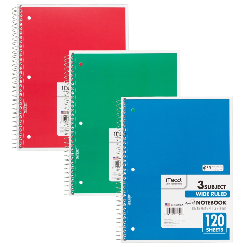 Spiral 3 Wide Ruled Subject Notebook Pack of 6