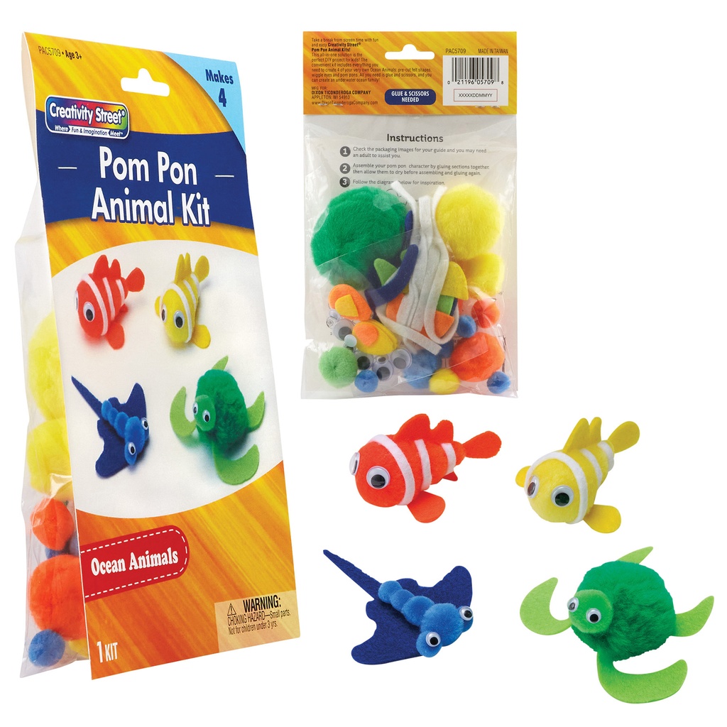 Pom Pon Animal Craft Kits: Ocean, Turtle, Flamingos, Lion & Elephant