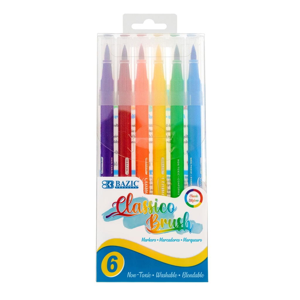 72 Washable Brush Markers in 6 Classic Colors