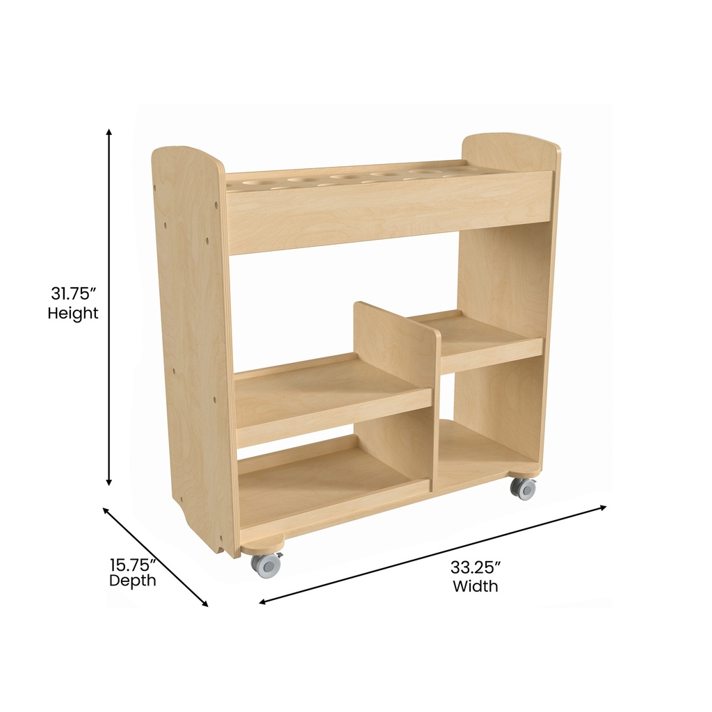 Wooden 14 Round Compartment Storage Cart with Locking Caster Wheels