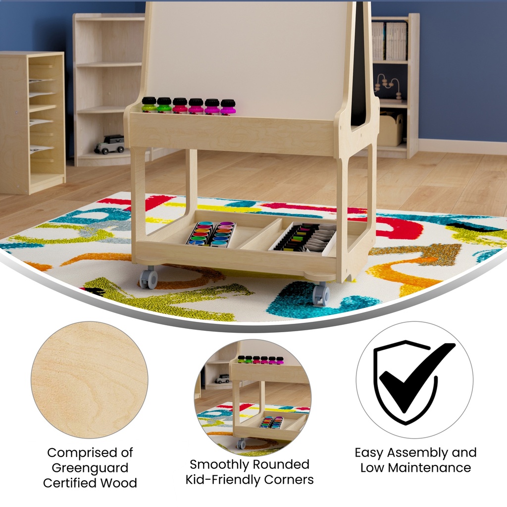 Wooden 2 Sided Art Station with Storage and Locking Caster Wheels