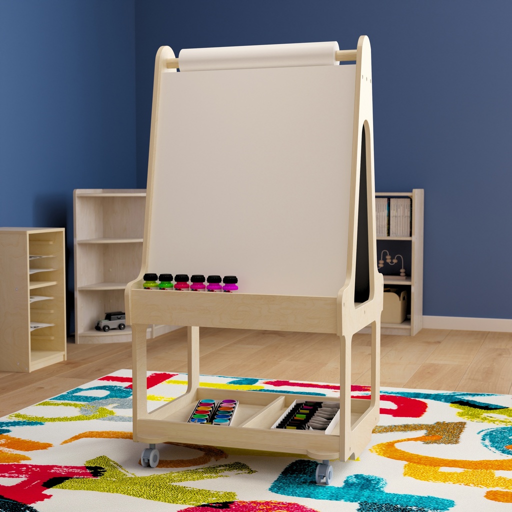 Wooden 2 Sided Art Station with Storage and Locking Caster Wheels