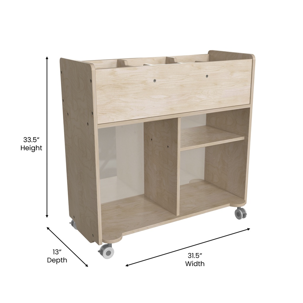 Double Sided Wooden 6 Compartment Mobile Storage Cart with Locking Caster Wheels