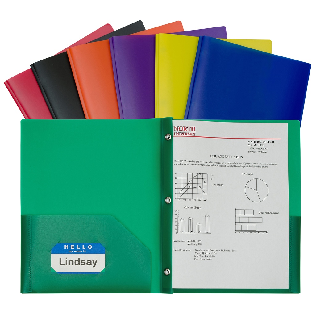 Two-Pocket Heavyweight Poly Portfolio Folder with Prongs, Assorted Primary Colors, Pack of 36