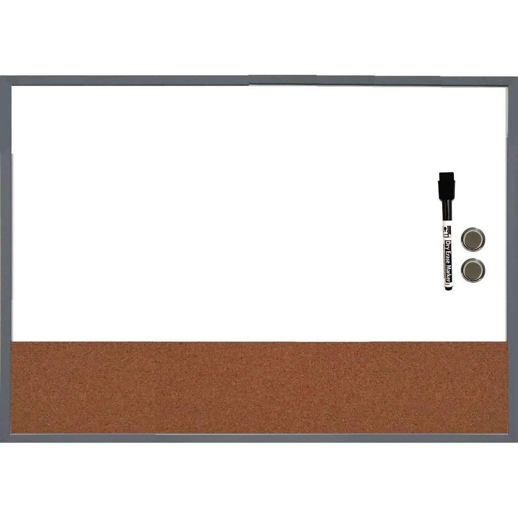 Magnetic Gray Frame 17" x 23" Dry Erase Board w/Cork Board w/Eraser, Marker and 2 Magnets