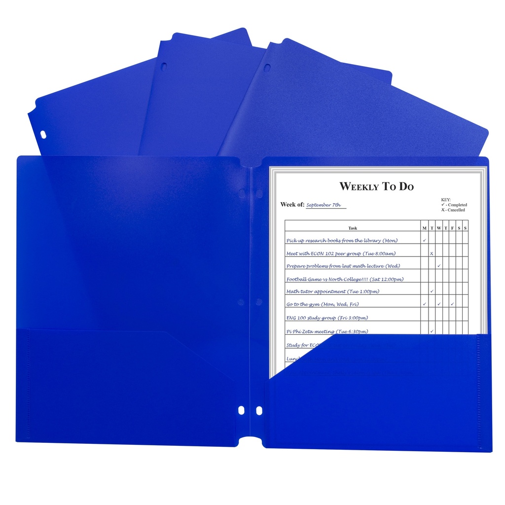 Two-Pocket Heavyweight Poly Portfolio Folder with Three-Hole Punch, Blue, Pack of 25