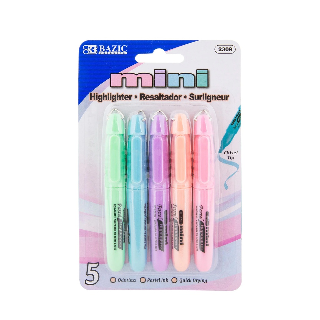 Pastel 5 Color Mini Highlighter with Cap Clip 12 Packs