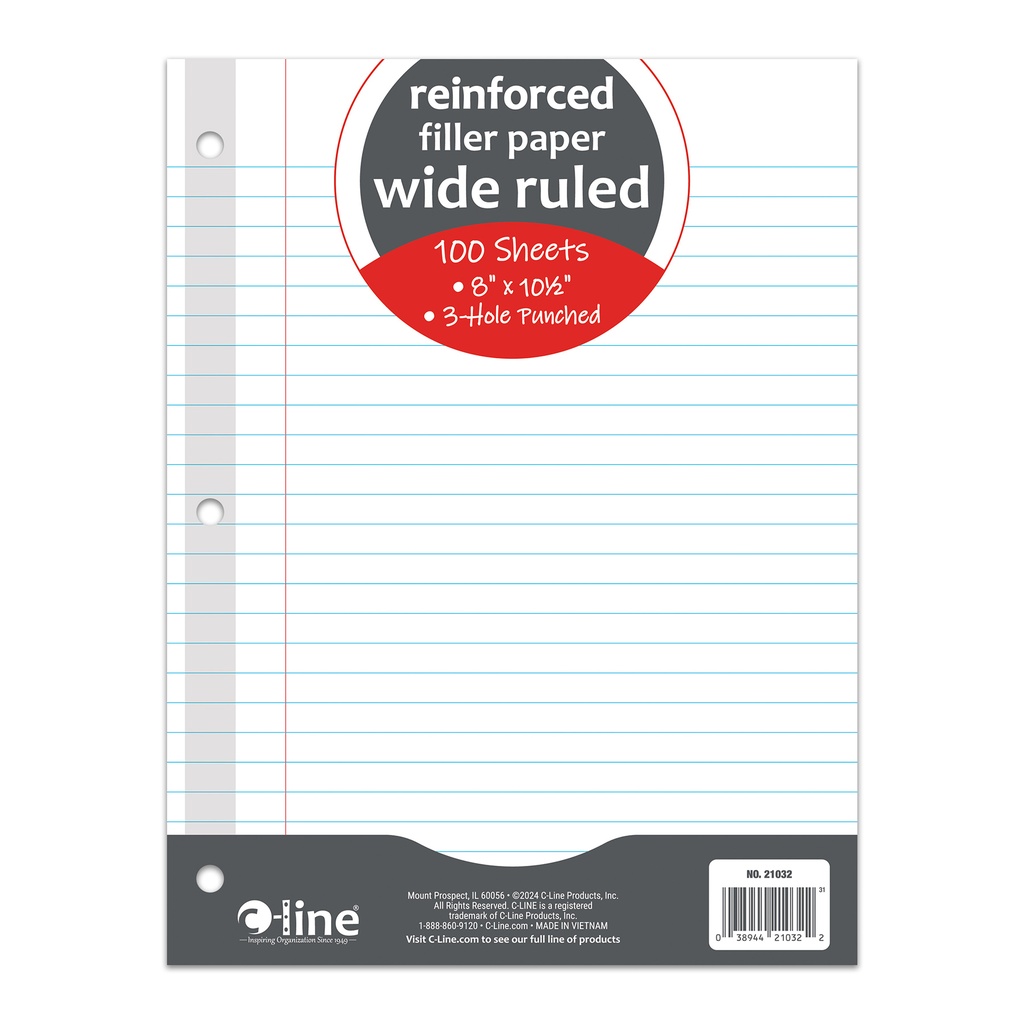 Reinforced 10.5" x 8" Wide Rule 3-Hole Punched Filler Paper 100 Sheets