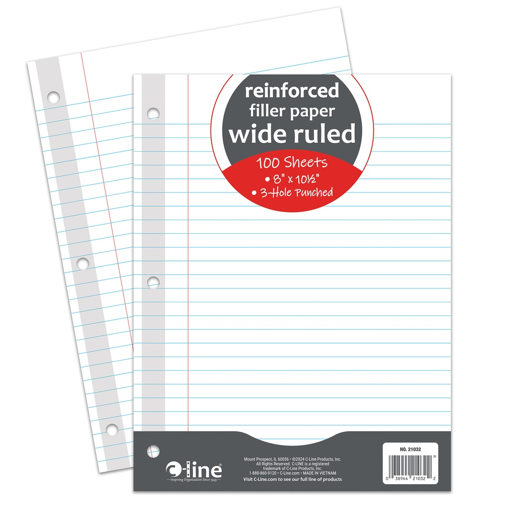 Reinforced 10.5" x 8" Wide Rule3-Hole Punched Filler Paper 100 Sheets 6 Packs