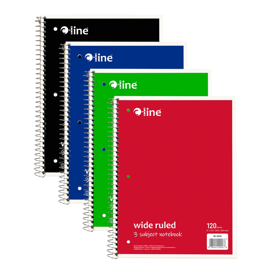 Assorted Wide Ruled 3-Subject Notebook 120 Sheets Pack of 3