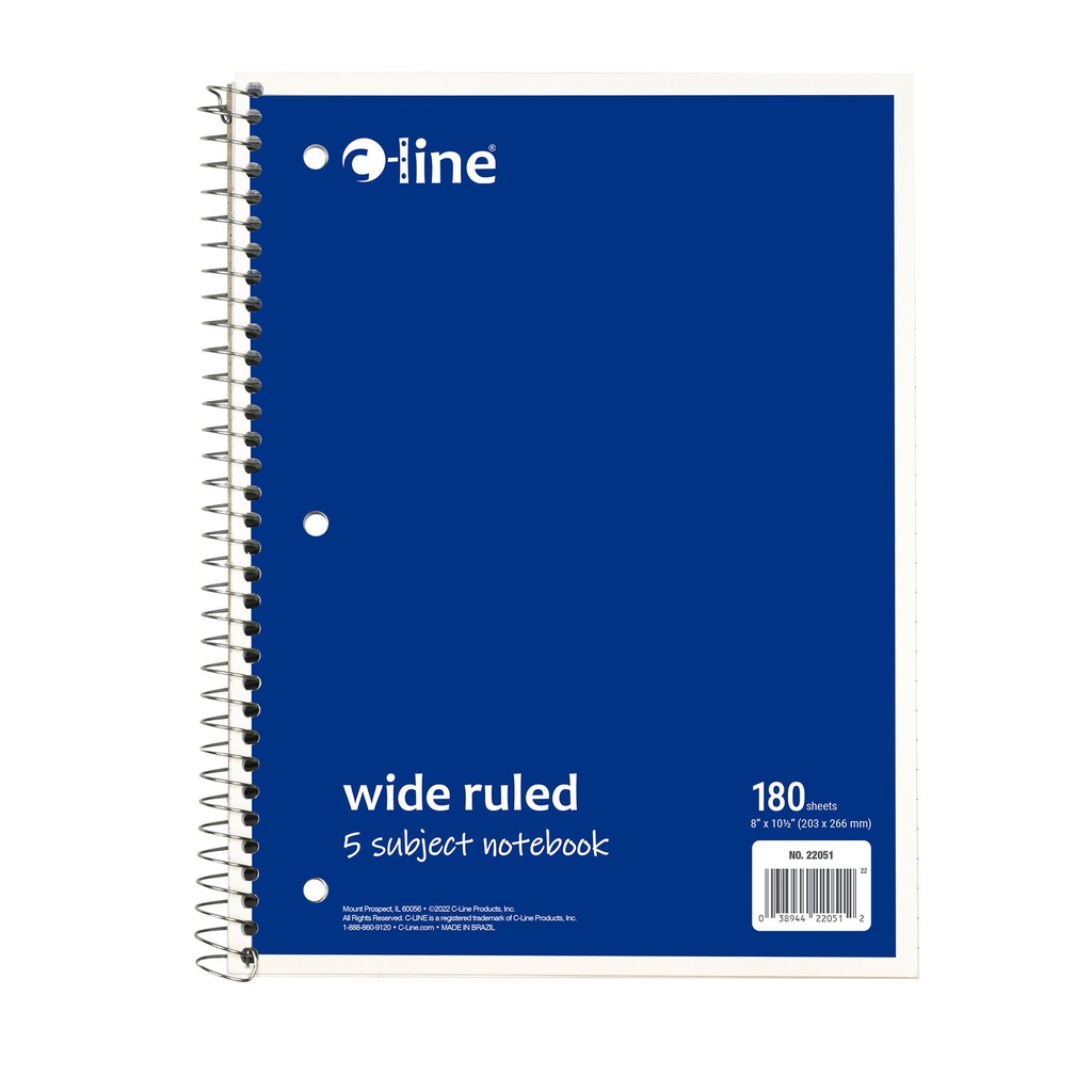 Assorted Wide Ruled 5-Subject Notebook 180 Sheets Pack of 3