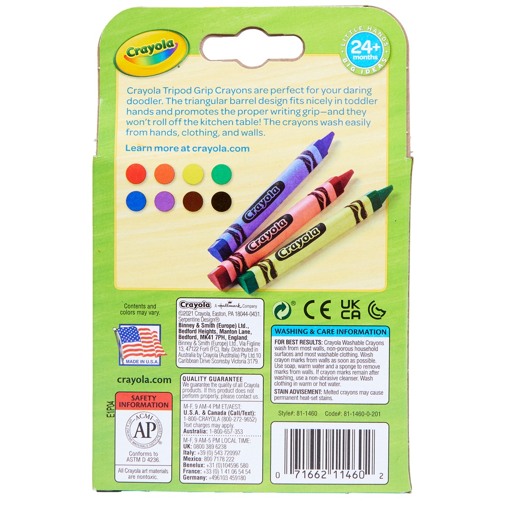 Washable Tripod Grip Crayons 8 Count