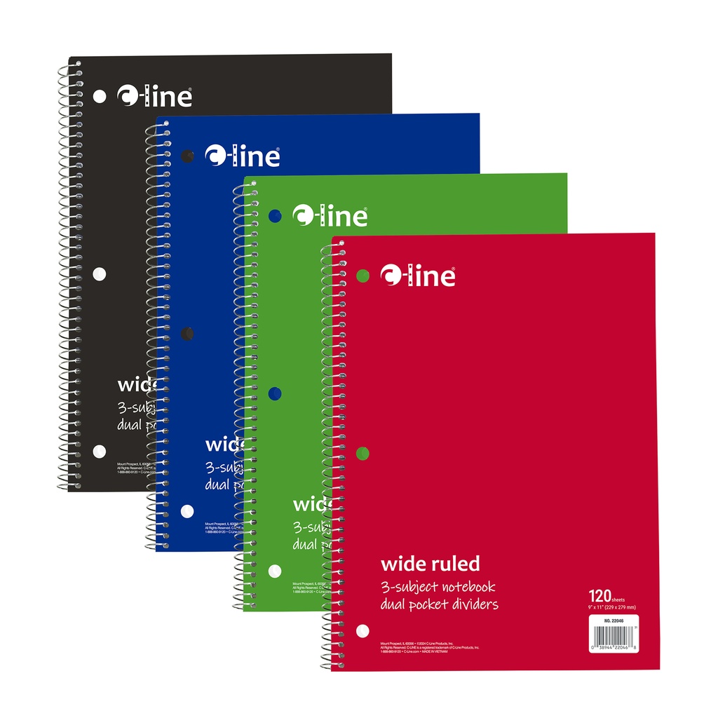 Assorted Wide Ruled 3-Subject Notebook 120 Sheets Pack of 3