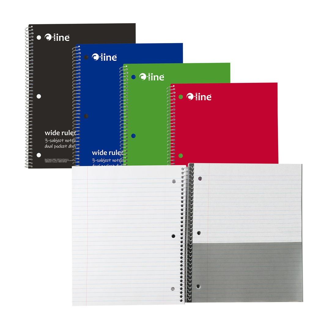 Assorted Wide Ruled 3-Subject Notebook 120 Sheets Pack of 3