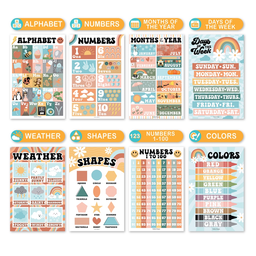 Retro Boho Preschool Educational Laminated Posters For Toddlers, Set of 16