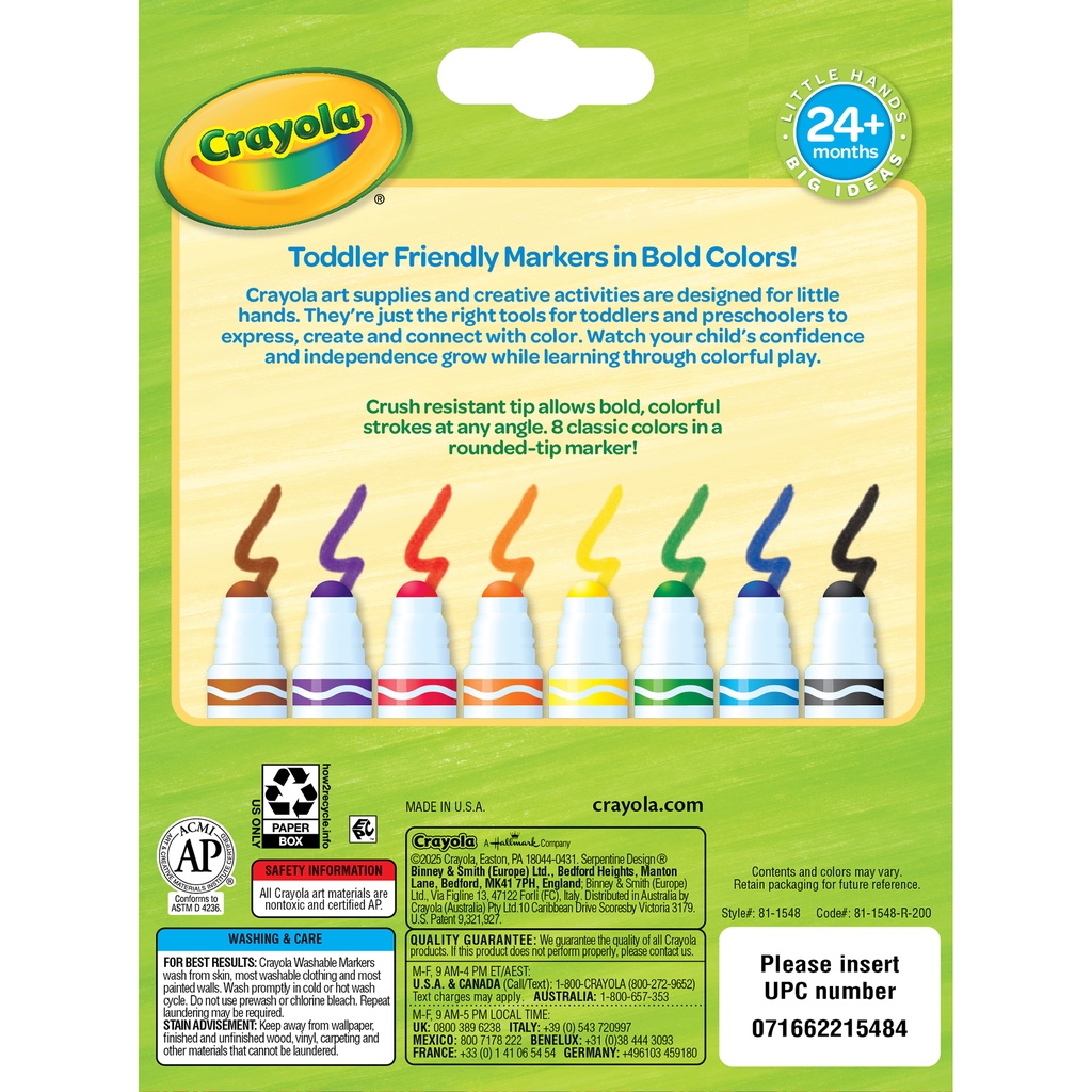 Crush Resistant Washable Toddler Markers, Pack of 8