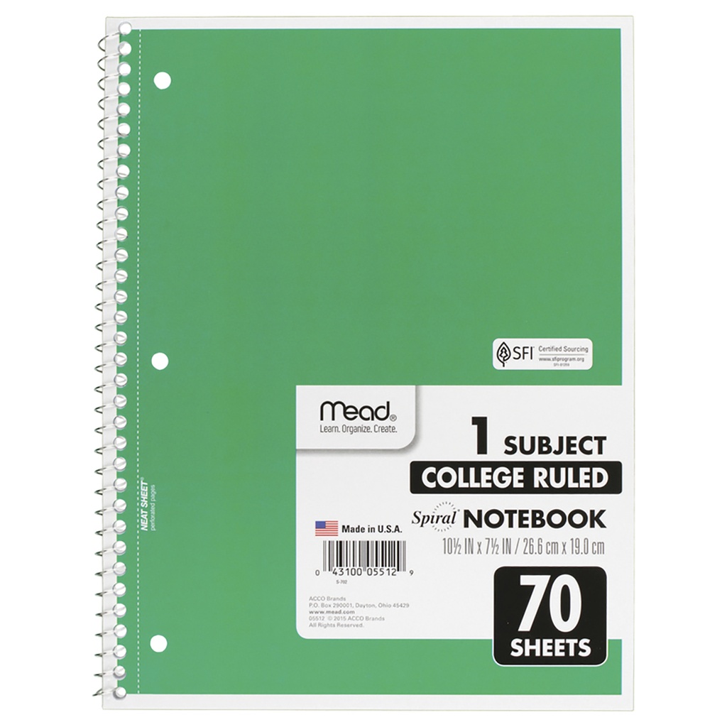 College Ruled 1 Subject Spiral Notebook