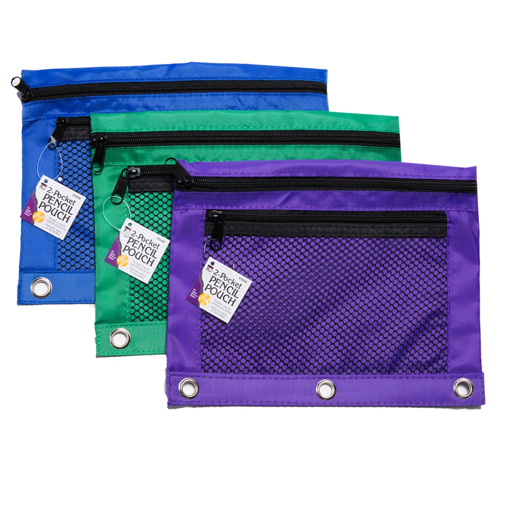 Assorted 2 Pocket with Mesh Front Pencil Pouch Pack of 6