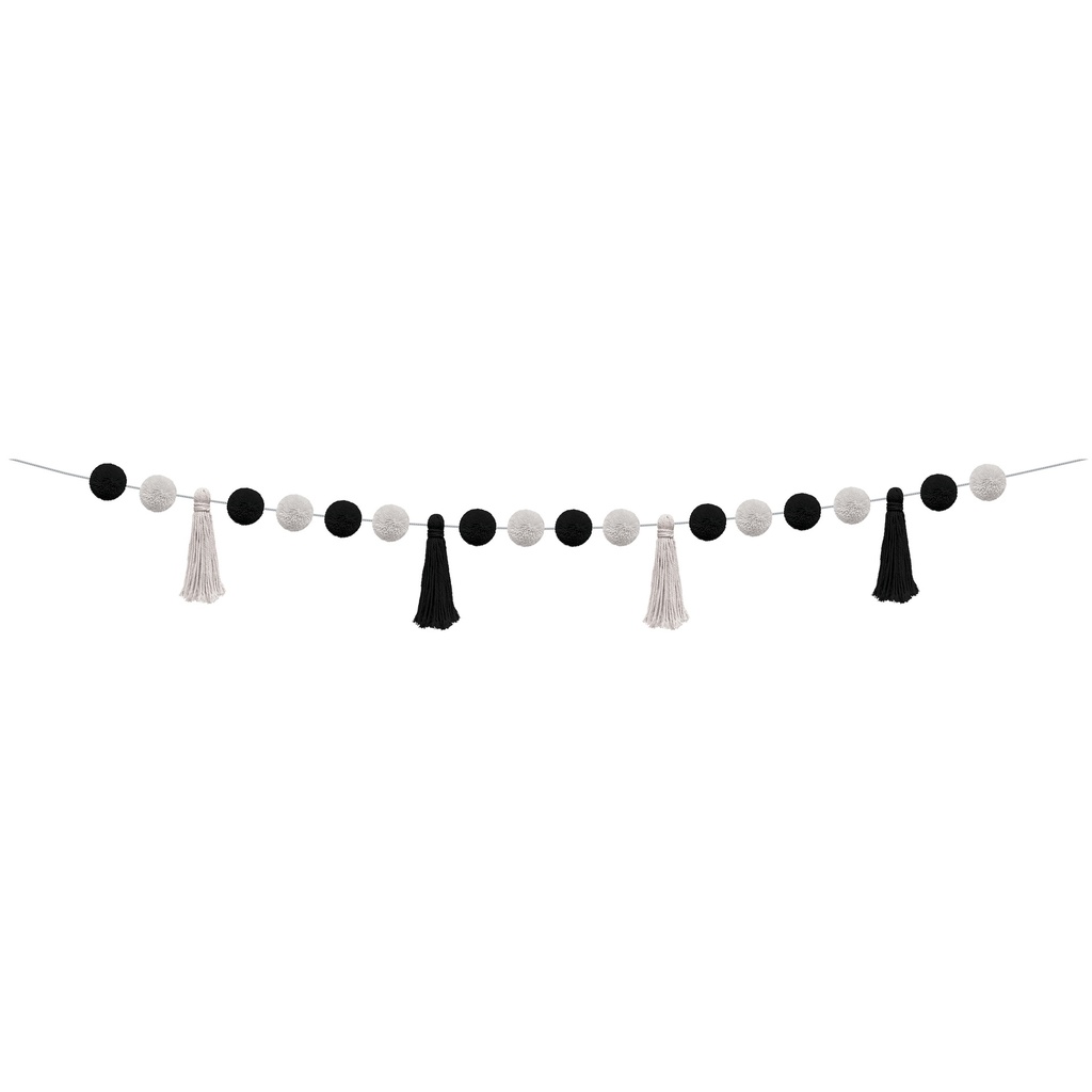 Black and White Pom-Poms and Tassels Garland Pack of 3