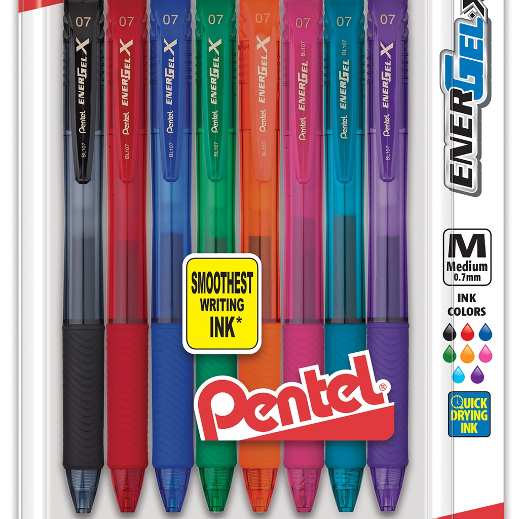 Assorted EnerGel-X Retractable Medium Line Liquid Gel Pen 8-Pack