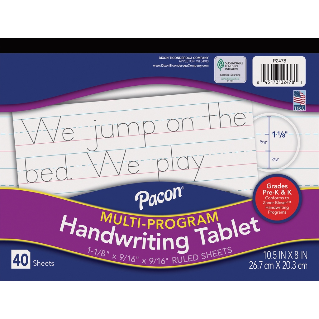 10 1/2" x 8" Zaner-Bloser Multi-Program 1 1/8" x 9/16" x 9/16" Ruled Long Handwriting Tablets Pack of 12