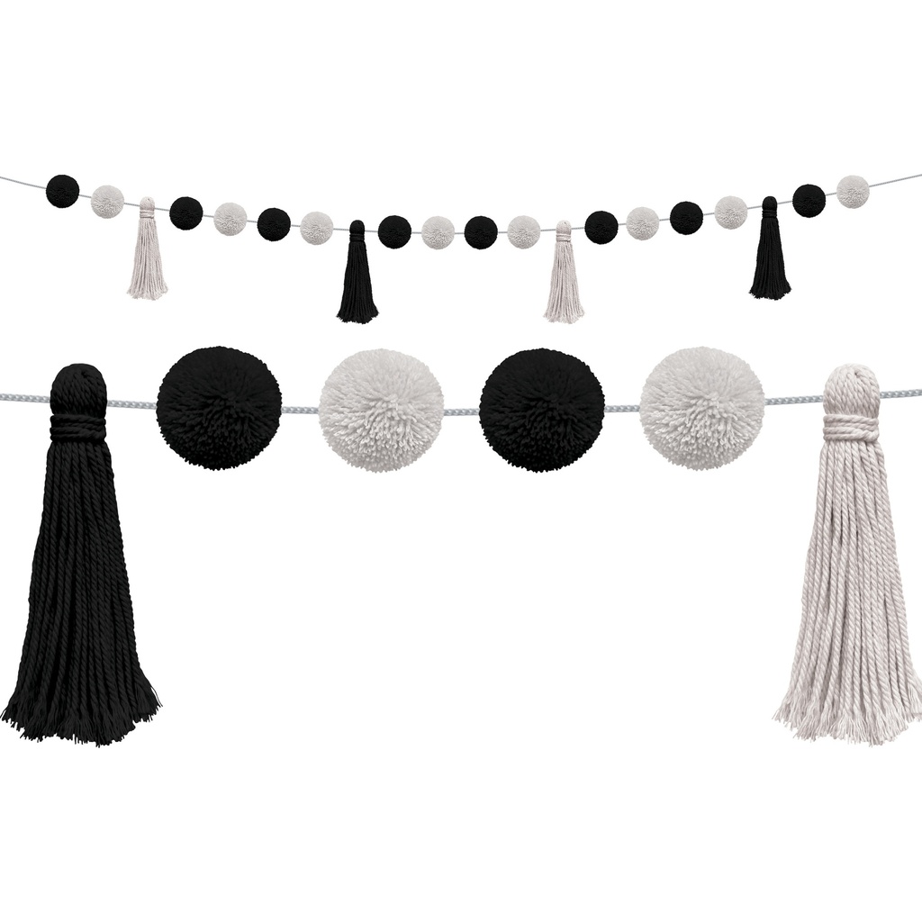 Black and White Pom-Poms and Tassels Garland Pack of 3