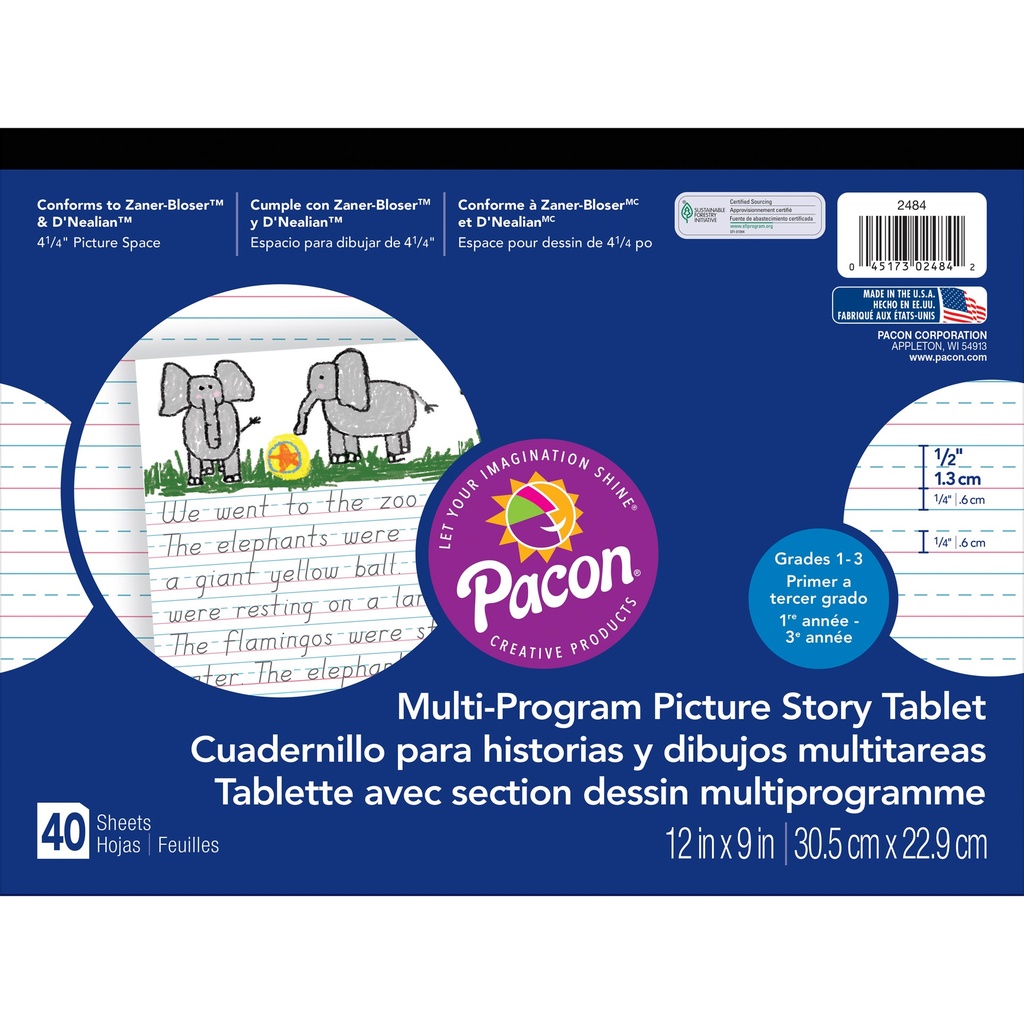 12" x 9" D'Nealian/Zaner-Bloser Multi-Program 1/2" x 1/4" x 1/4" Ruled & 4-1/4" Picture Story Space Handwriting Tablets Pack of 6