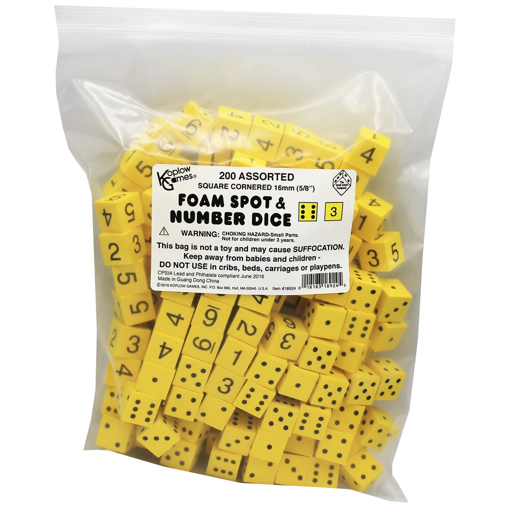 Yellow 16mm Foam Spot & Number Dice Bag of 200