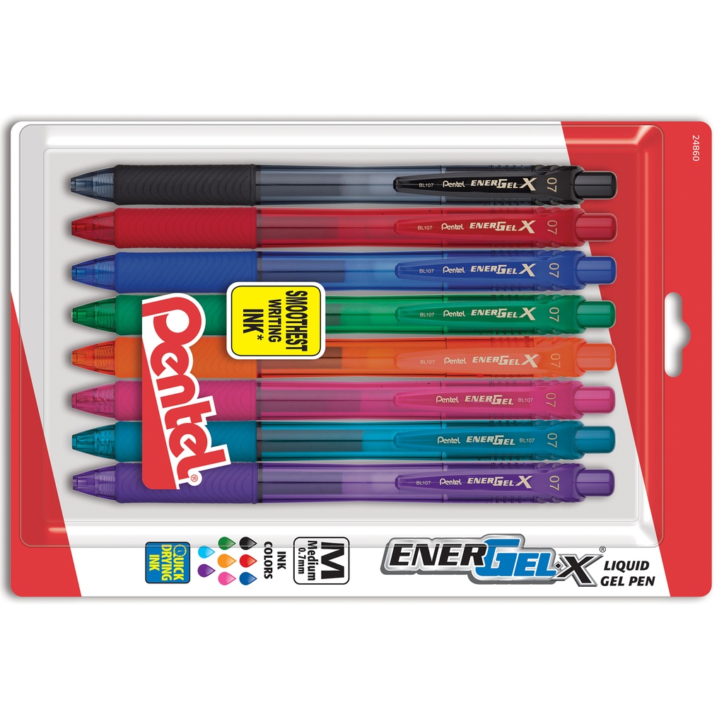 Assorted EnerGel-X Retractable Medium Line Liquid Gel Pen 8-Pack