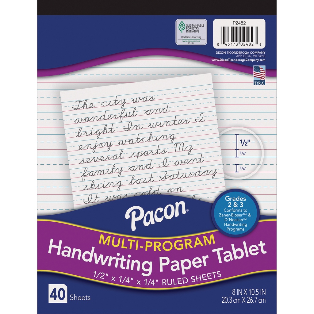 8" x 10-1/2" D'Nealian/Zaner-Bloser Multi-Program 1/2" x 1/4" x 1/4" Ruled Short Handwriting Tablets Pack of 12