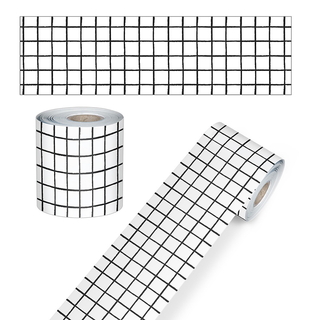 Happily Ever Elementary Black & White Grid Rolled Straight Bulletin Board Borders 65 Feet