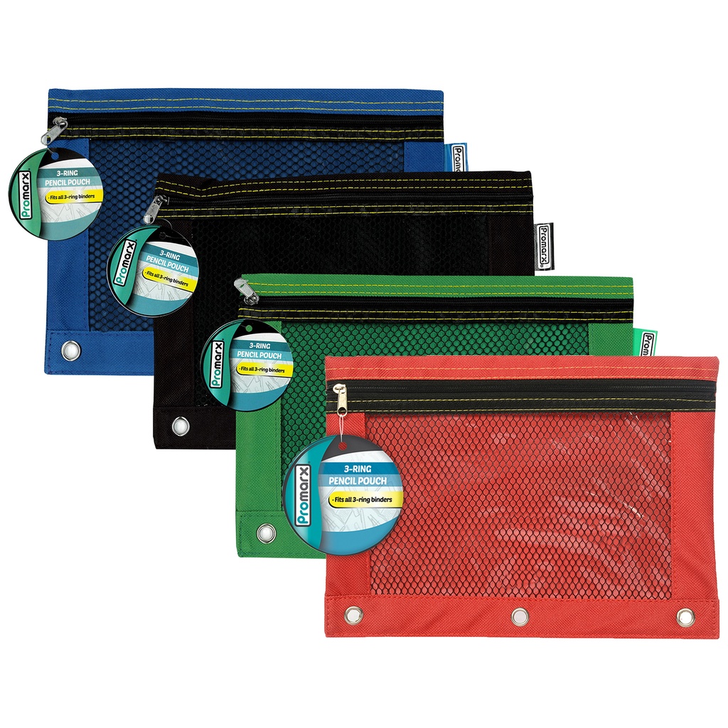 Assorted 10" x 7.5" 3 Ring Pencil Pouch With Mesh Window Pack of 12