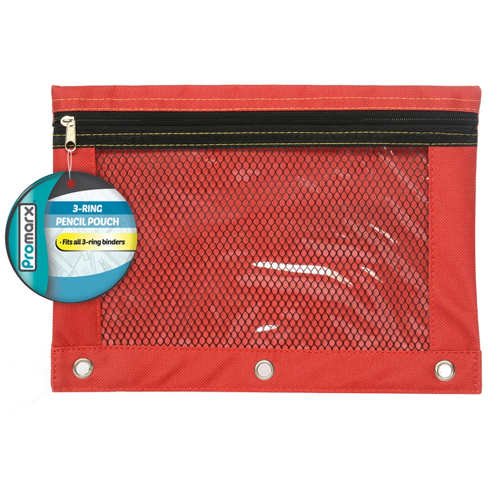 Assorted 10" x 7.5" 3 Ring Pencil Pouch With Mesh Window Pack of 12