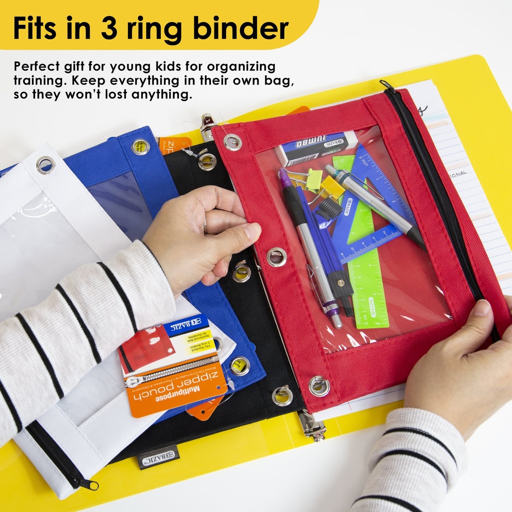 Assorted 3-Ring Pencil Pouch with Clear Window Pack of 12