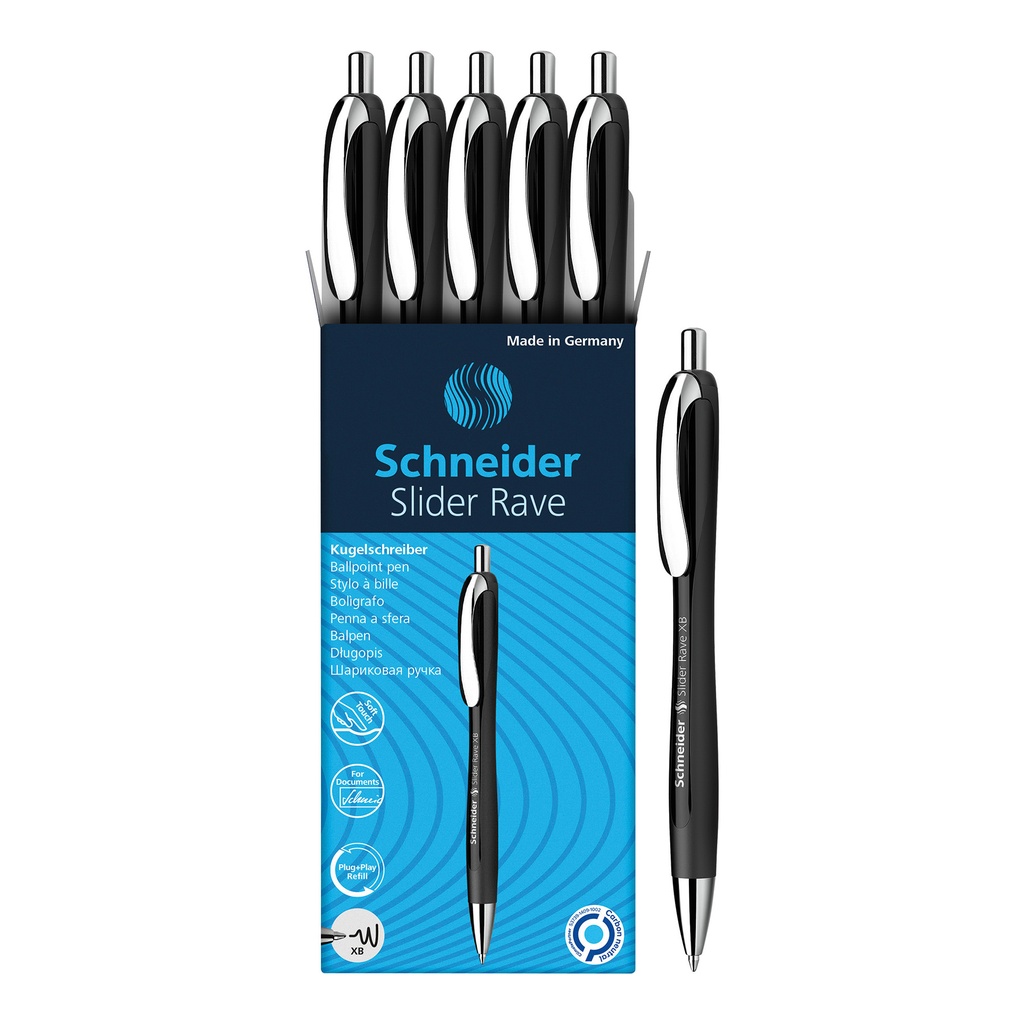 Black Barrel/Blue Ink Schneider Slider Rave XB Retractable Ballpoint Pens Box of 5