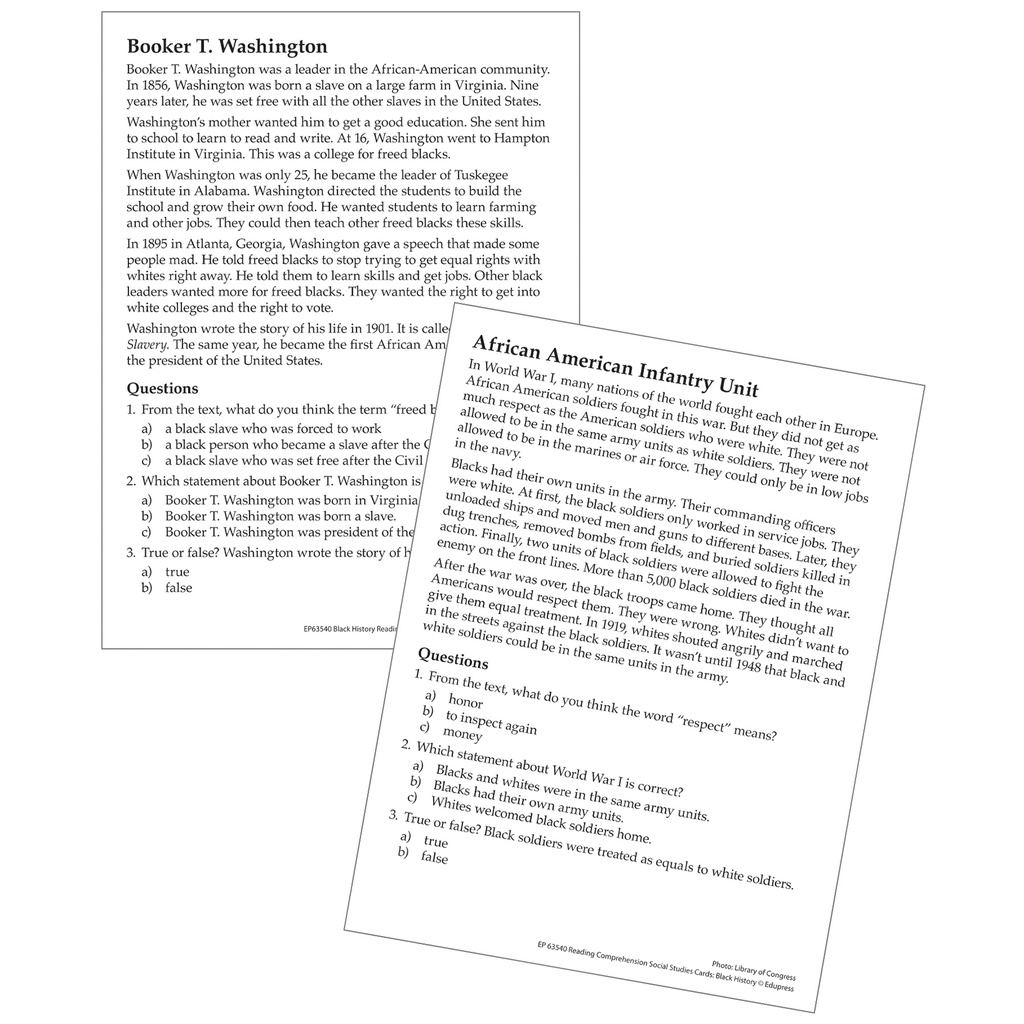 Reading Comprehension Social Studies Cards: Black History