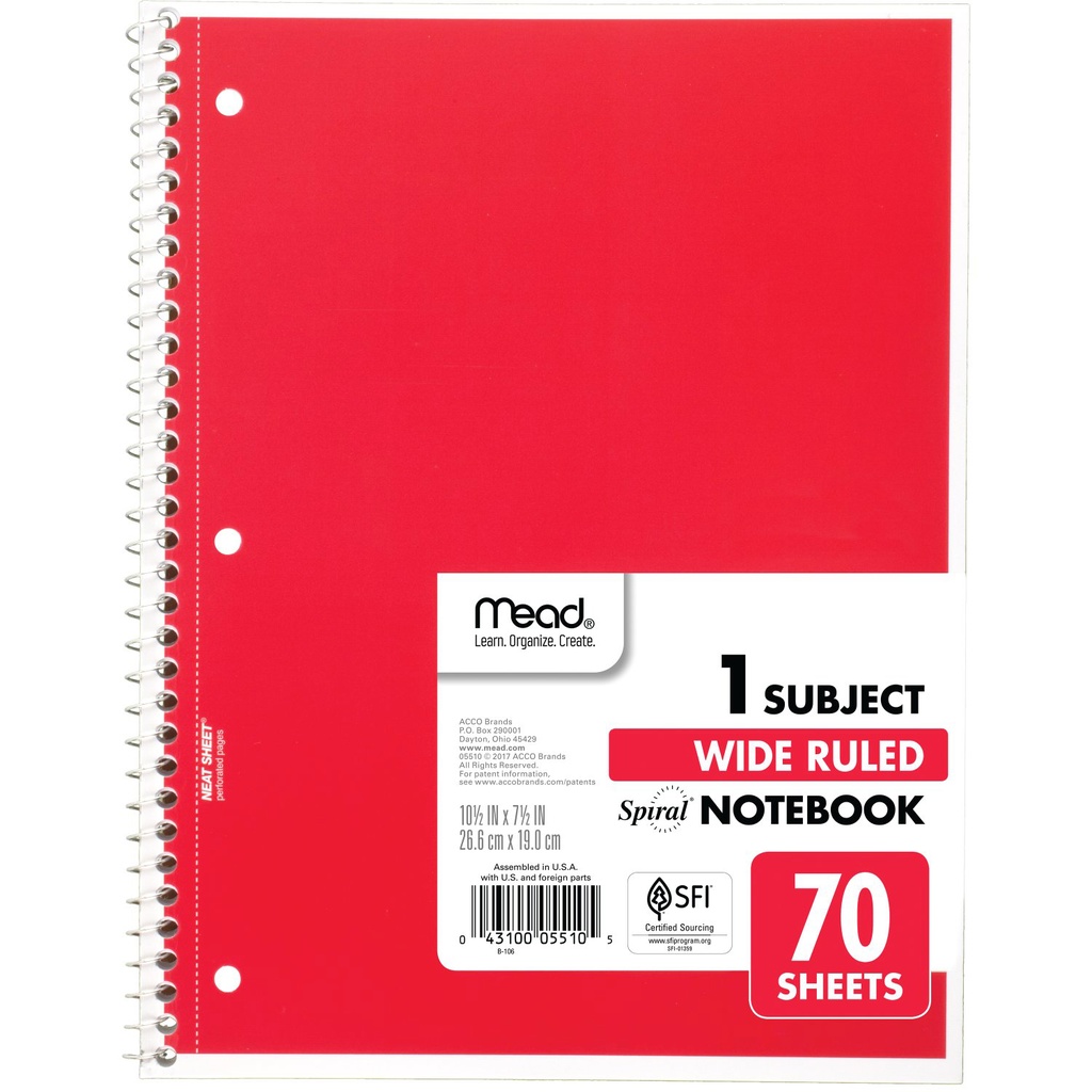 Wide Ruled 1 Subject Spiral Notebooks Pack of 6