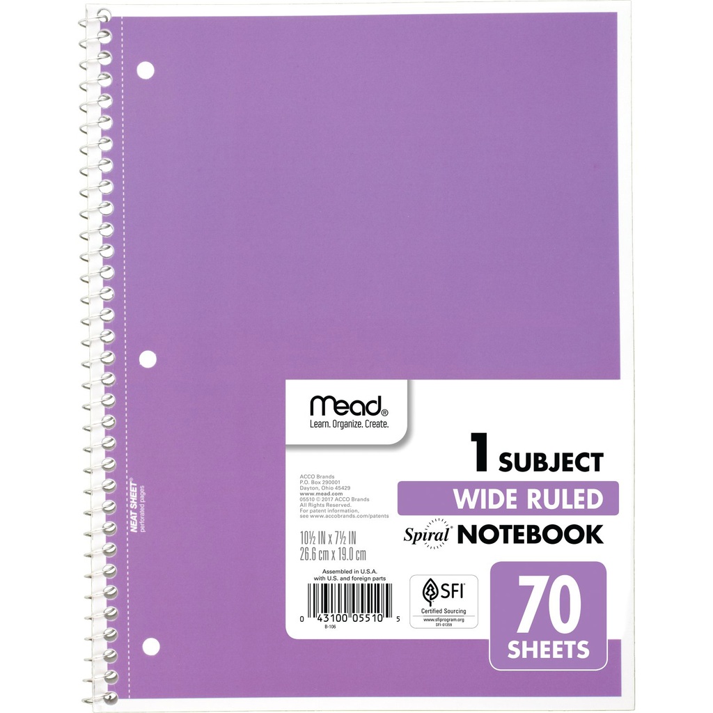 Wide Ruled 1 Subject Spiral Notebooks Pack of 6