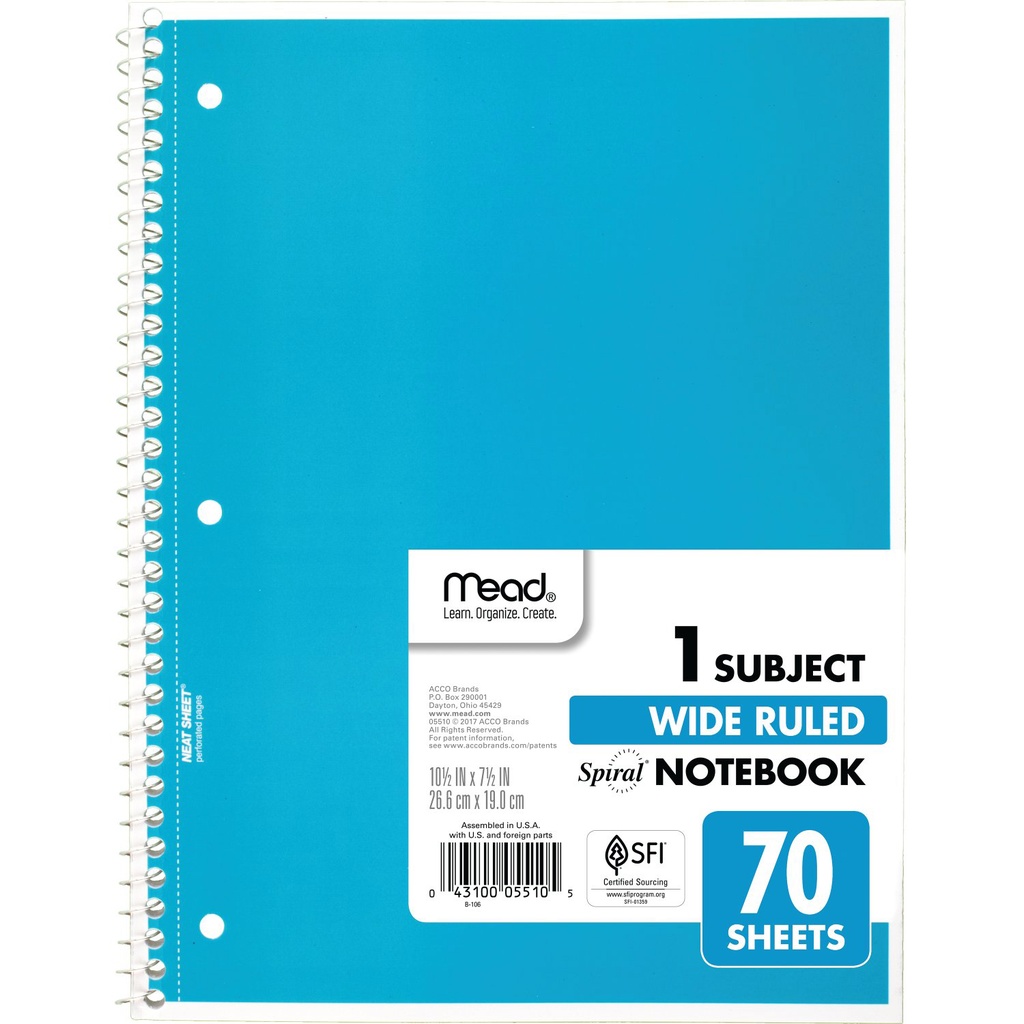 Wide Ruled 1 Subject Spiral Notebooks Pack of 6