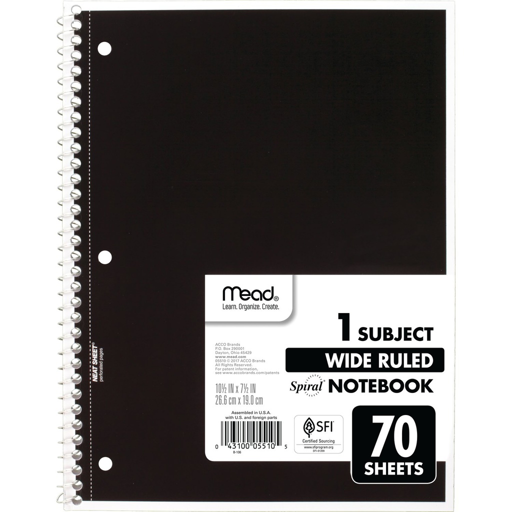 Wide Ruled 1 Subject Spiral Notebooks Pack of 6