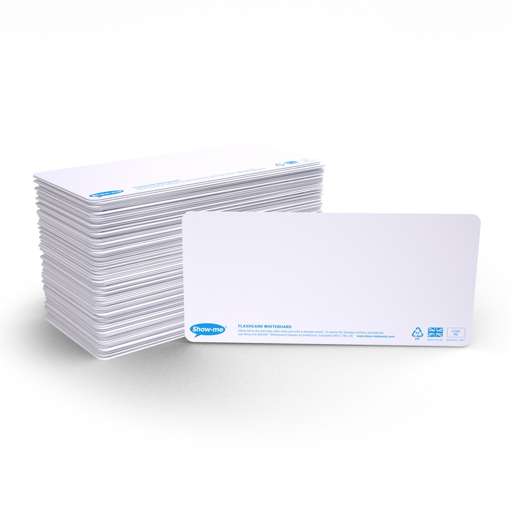 Show-me Bulk Box of 100 x Plain Dry Erase flashcards, with pens & erasers plus a Free Cleaner 