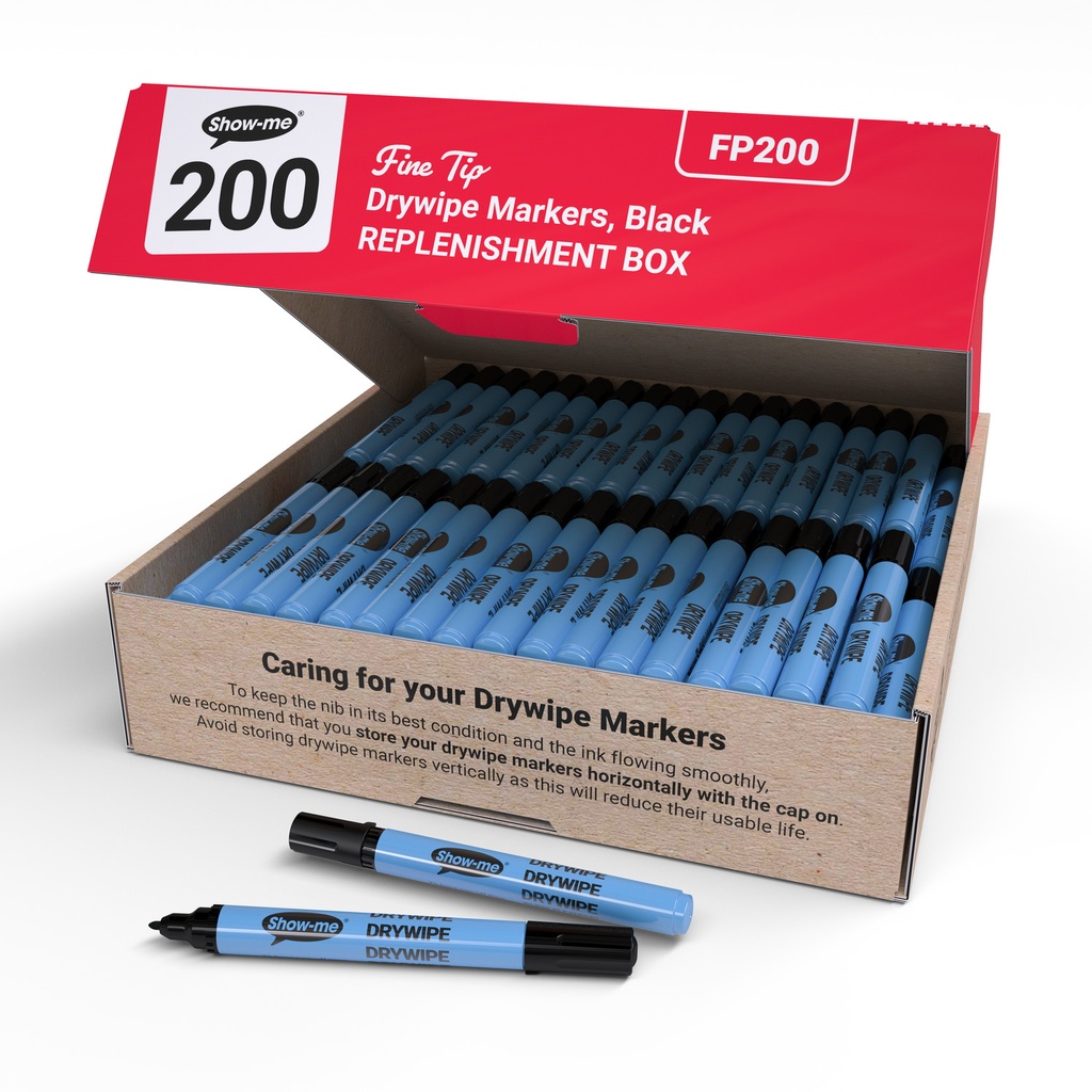 Show-me Box of 200 Fine Point Slim Barrel Dry Erase Pens in Black 