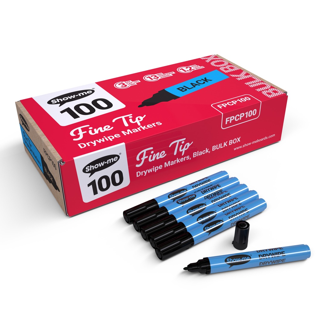 Show-me Classbox of 100 Fine Tip Slim Barrel Dry Erase Markers in Black 